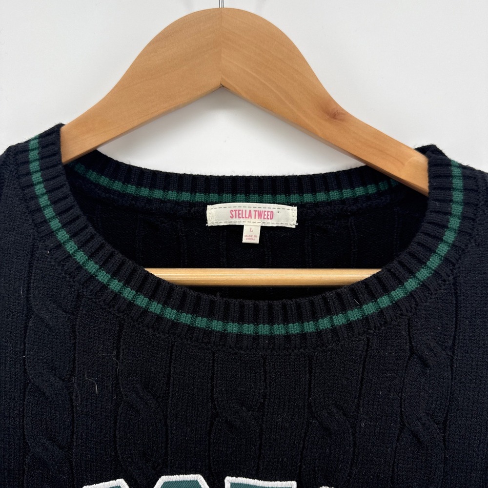 Stella Tweed Cable Knit Boston Pullover Sweater Large Black Green Collegiate MA - Picture 3 of 9